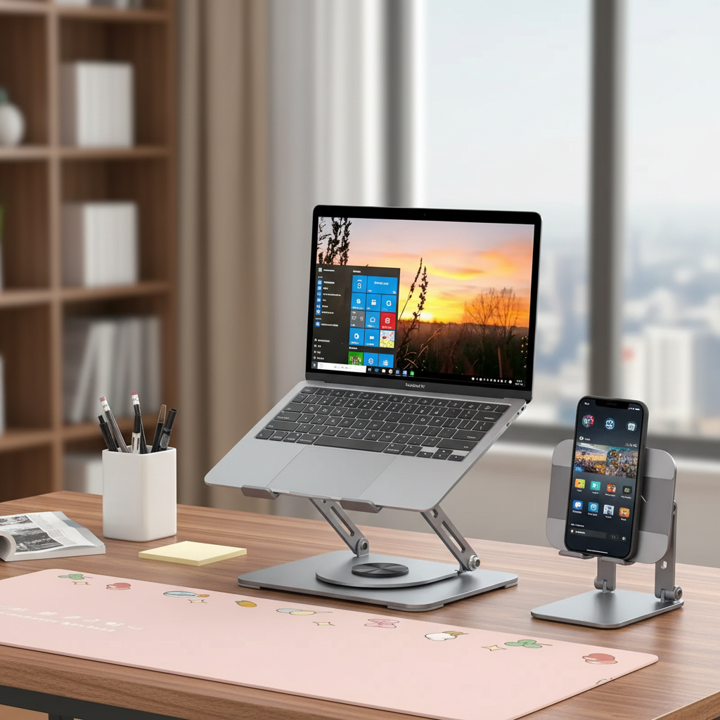 Elevate Your Workspace with the 360° Rotating Titanium Alloy Laptop Stand & Phone Holder – Perfect for Gaming, Office Use, and More!