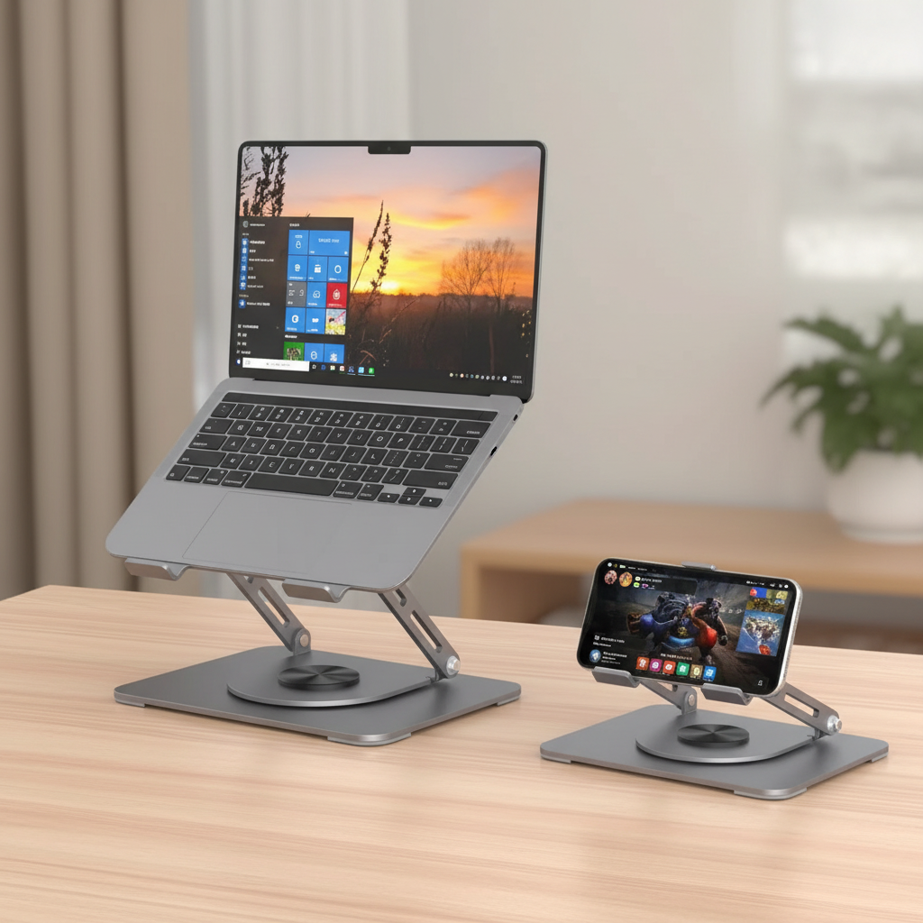 Elevate Your Workspace with the 360° Rotating Titanium Alloy Laptop Stand & Phone Holder – Perfect for Gaming, Office Use, and More!