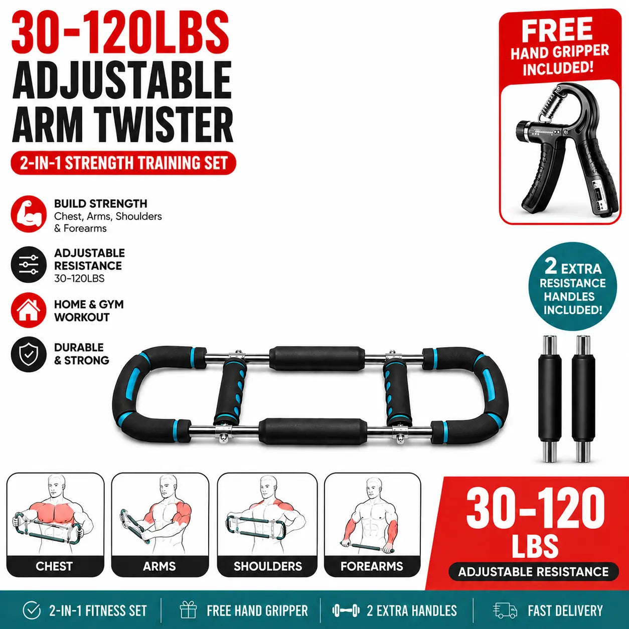 Unleash Your Strength: 30-120Lbs Adjustable Arm Twister with Free Hand Gripper - The Ultimate 2-In-1 Arm and Forearm Strengthening Set for Effective Home Workouts!