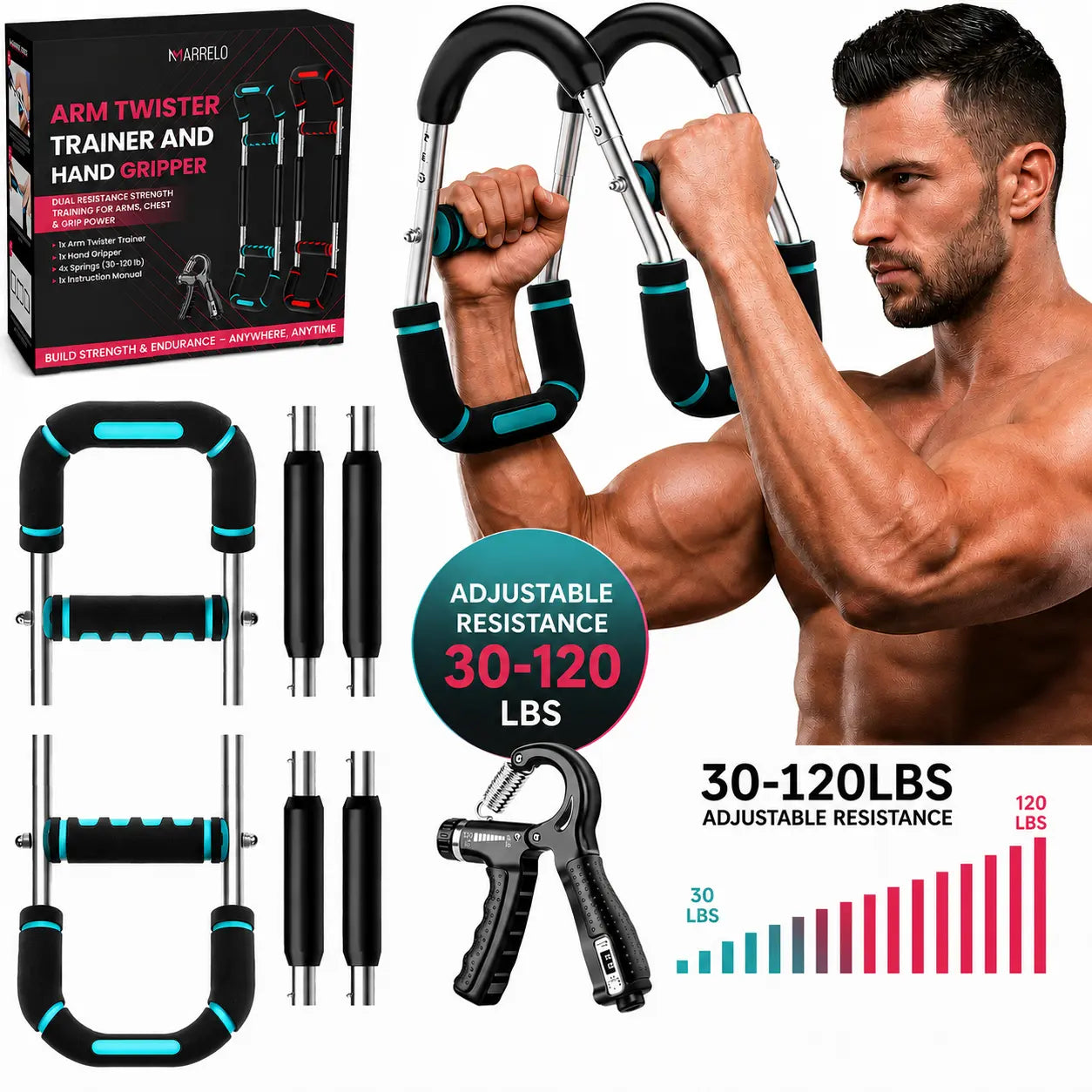 Unleash Your Strength: 30-120Lbs Adjustable Arm Twister with Free Hand Gripper - The Ultimate 2-In-1 Arm and Forearm Strengthening Set for Effective Home Workouts!